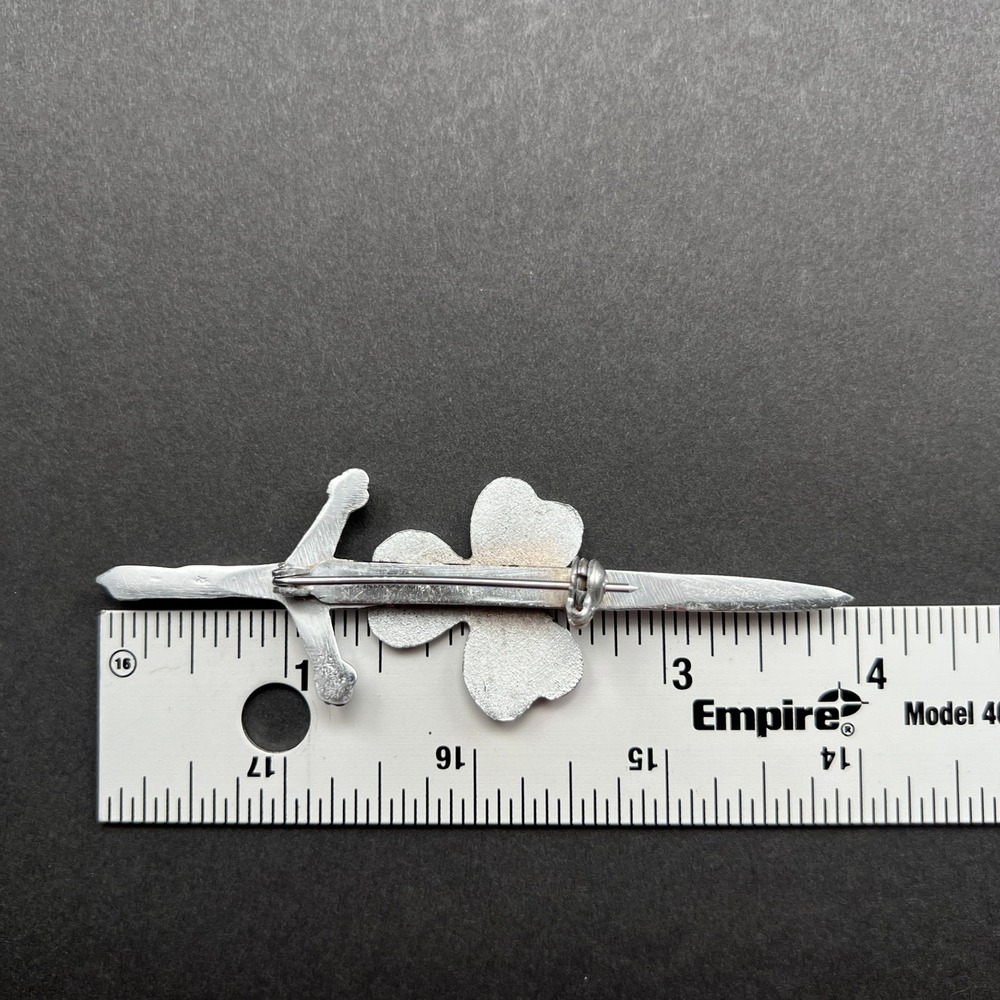 Kilt Pin Irish Shamrock Sword Brooch Silver Tone Celtic Medieval - Picture 6 of 7